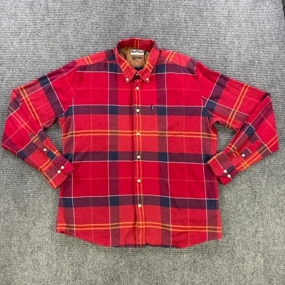 Barbour John Tailored Fit Plaid Button Down Flannel Shirt Men Large Red Navy - Picture 2 of 16